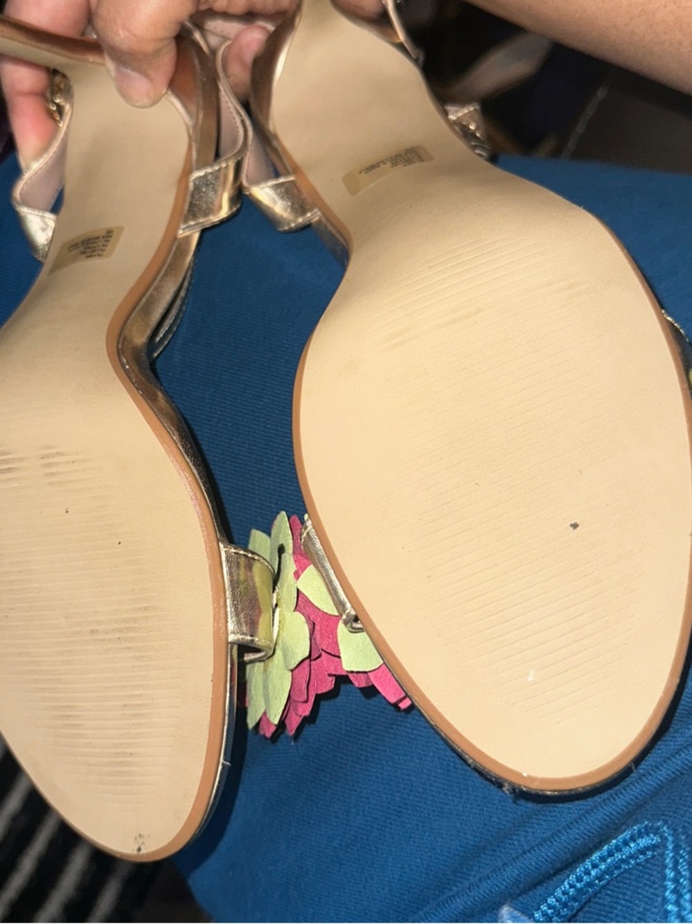 Betsey Johnson Gold Floral Strap Heels with Red, Purple & Yellow Flowers - Picture 6 of 6